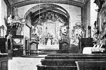 loď a presbytář od západu na poč. 20. století (© Antonín Podlaha: Posvátná místa království Českého; Díl 4., Vikariáty: Kolínský a Rokycanský, Dědictví sv. Jana Nepomuckého, Praha 1910)