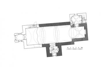 půdorys kostela s vyznačením středověkého zdiva (© Karel Kibic ml., 2015 (in Karel Kibic ml.: Dvě středověké kostelní věže na Kolínsku, Dějiny staveb 2015, Klub Augusta Sedláčka a Sdružení pro SHP, Plzeň 2015))