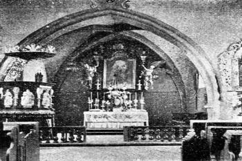 pohled do presbytáře ( © Antonín Podlaha: Posvátná místa království Českého; Díl 4., Vikariáty: Kolínský a Rokycanský, Dědictví sv. Jana Nepomuckého, Praha 1910)
