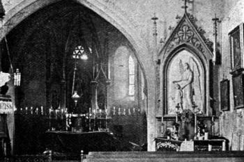 pohled do presbytáře (© Antonín Podlaha: Posvátná místa království Českého; Díl 4., Vikariáty: Kolínský a Rokycanský, Dědictví sv. Jana Nepomuckého, Praha 1910)
