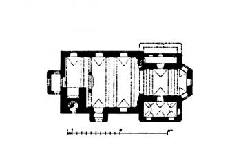 půdorys kostela ( © František Mareš, Jan Sedláček: Soupis památek historických a uměleckých v Království Českém, sv. 38 Politický okres Prachatický, Archaelogická komise při České akademii císaře Františka Josefa pro vědy, slovesnost a umění, Praha 1913)