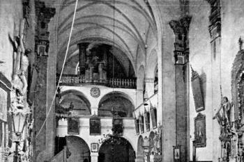 pohled lodí ke kruchtě před regotizací ( © Josef Soukup: Soupis památek historických a uměleckých v Království Českém, sv. 33 Politický okres písecký, Archaelogická komise při České akademii císaře Františka Josefa pro vědy, slovesnost a umění, Praha 1910)