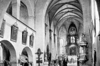 pohled lodí k presbytáři před regotizací ( © Josef Soukup: Soupis památek historických a uměleckých v Království Českém, sv. 33 Politický okres písecký, Archaelogická komise při České akademii císaře Františka Josefa pro vědy, slovesnost a umění, Praha 1910)