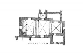 půdorys kostela ( © Josef Soukup: Soupis památek historických a uměleckých v Království Českém, sv. 33 Politický okres písecký, Archaelogická komise při České akademii císaře Františka Josefa pro vědy, slovesnost a umění, Praha 1910)