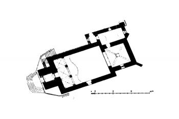 půdorys kostela ( © František Mareš, Jan Sedláček: Soupis památek historických a uměleckých v Království Českém, sv. 38 Politický okres Prachatický, Archaelogická komise při České akademii císaře Františka Josefa pro vědy, slovesnost a umění, Praha 1913)