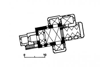 půdorys kostela ( © Jiří Kuthan: Středověká architektura v jižních Čechách do poloviny 13. století, Růže, České Budějovice 1977)