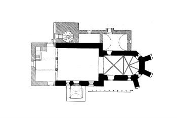 půdorys kostela ( © Josef Soukup: Soupis památek historických a uměleckých v Království Českém, sv. 33 Politický okres písecký, Archaelogická komise při České akademii císaře Františka Josefa pro vědy, slovesnost a umění, Praha 1910)